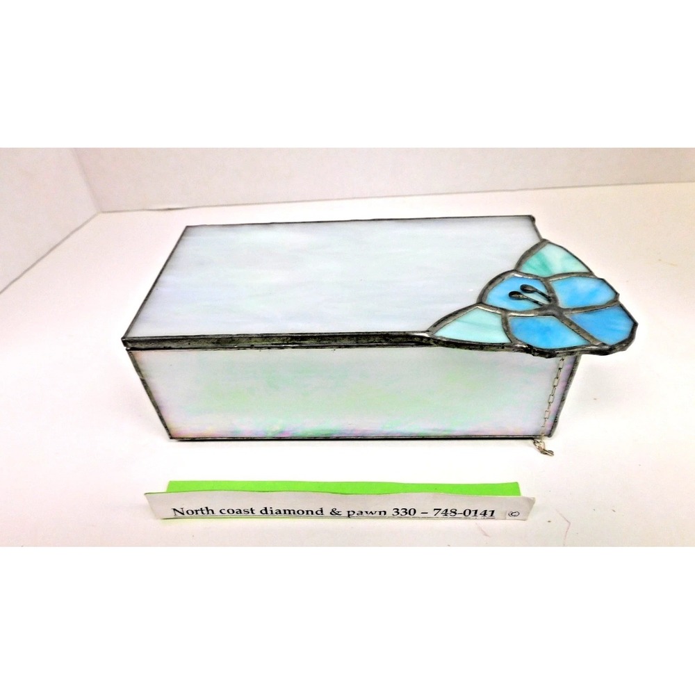 Susan Elman Stained Glass Jewelry Box Iridescent White Blue Floral DH19